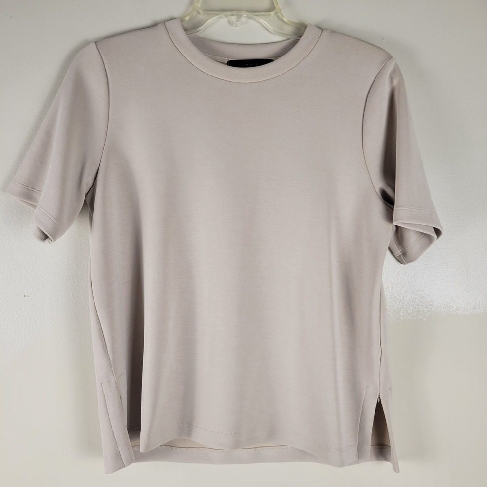Azalea Mila SS Top Side Slits Taupe Beige Short Sleeve Crewneck Minimalist M NWT